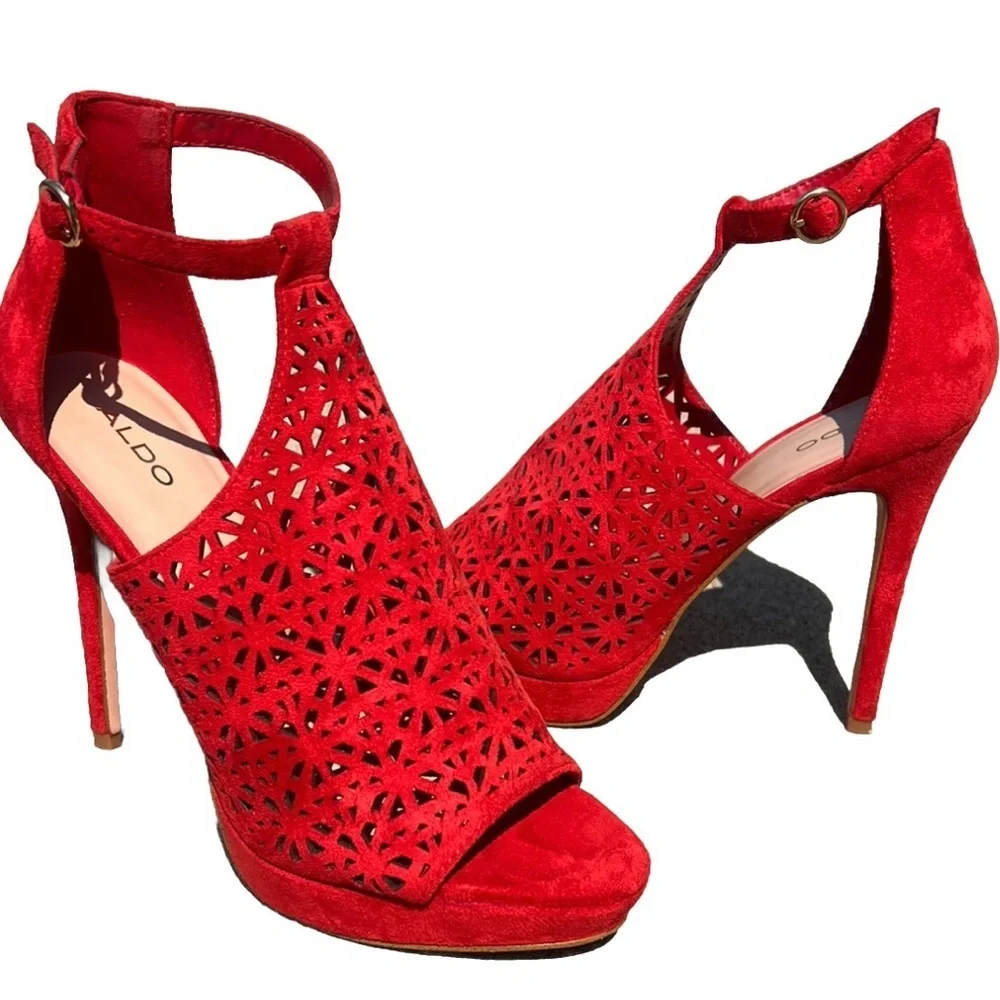 Aldo Suede Vizzola Vibrant Red Cutout Heels EUC 10